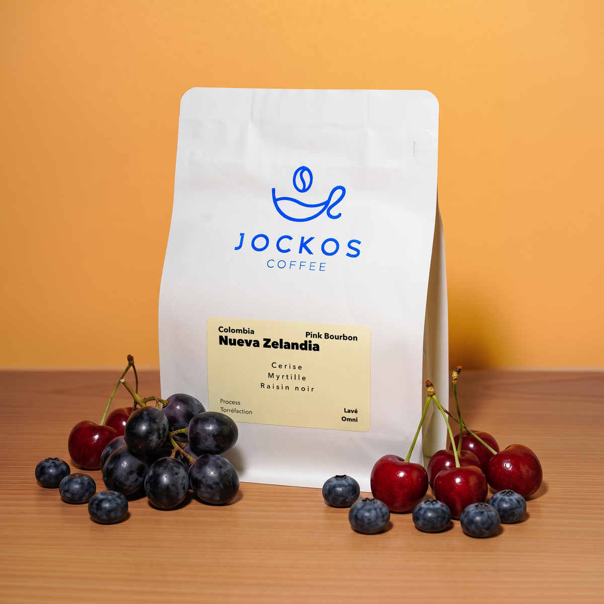 Colombia Nueva Zelandia Pink Bourbon, café lavé Jockos Coffee : cerise, myrtille, raisin noir