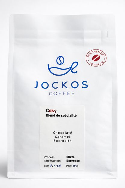 Cosy, blend espresso de spécialité Jockos Coffee, sachet de café en grains