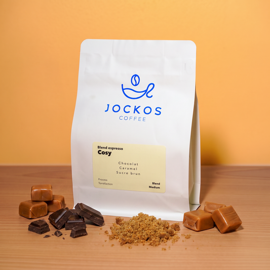 Cosy, blend espresso Jockos Coffee : chocolat, caramel, sucre brun