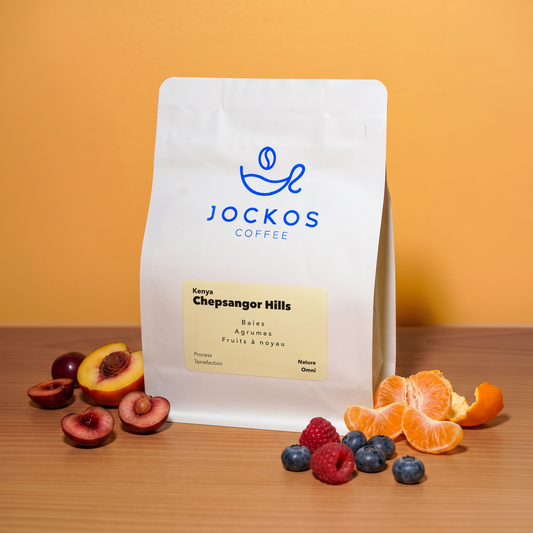Kenya Chepsangor Hills, café nature Jockos Coffee : baies, agrumes, fruits à noyau